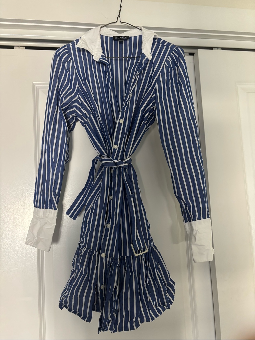 J. Crew Blue and White Striped Long-Sleeve Shirt Dress with Waist Tie